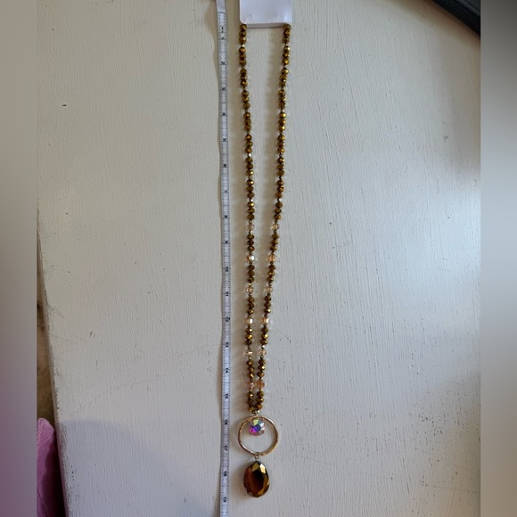 Gold Crystal Long Necklace with Hoop Detail Teardrop Crystal NWT - Picture 5 of 5
